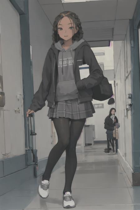 (masterpiece, best quality), 1girl, asian skin tone, 18 y.o, braided brown hair, <lora:catholic_schoolgirl_uniform_6000_lora_f32:1> catholicschoolgirl, grey hoodie, grey  plaid skirt, tights (full body:1.3), school hallway