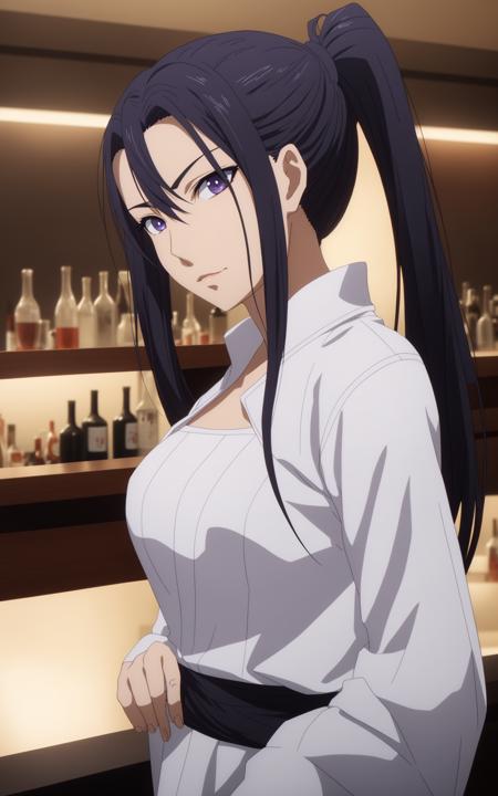 anime, lixu, a woman with long black ponytail hair, three front hair strands, purple eyes, a white one-piece outfit, at the bar, 8k, unreal engine, octane render, by kyun, gamang, Yoon Gon-Ji, g.ho, gosonjak, shuroop, serious, domi, noah, trending on pixiv, fanbox, skeb, masterpiece, smooth soft skin, big dreamy eyes, beautiful intricate colored hair, symmetrical, anime wide eyes, soft lighting, concept art, digital painting, <lora:lixu:0.4>