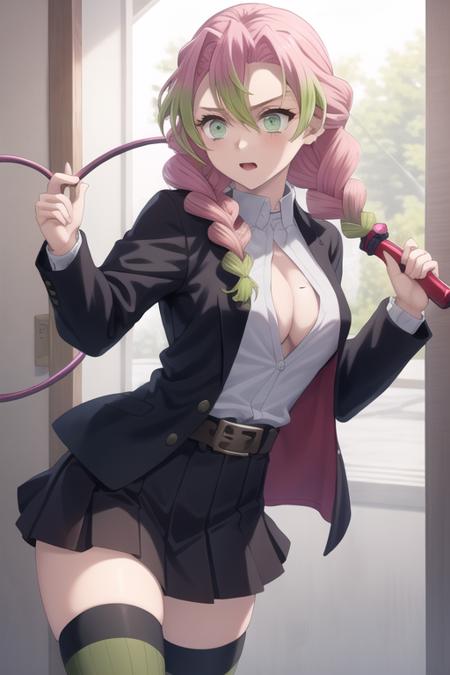 (Masterpiece), High Quality, 1girl, solo,
<lyco:Mitsuri-04:0.4>, ChopioMitsuri, braid, twin braids, long hair, pink hair, multicolored hair, green hair, gradient hair, two-tone hair, hair between eyes, mole under eye, green eyes, shiny eyes,
ChopioMitsuri, braid, twin braids, long hair, pink hair, multicolored hair, green hair, gradient hair, two-tone hair, hair between eyes, mole, mole under eye, green eyes,
demon slayer uniform, long sleeves, haori, shirt, jacket, white jacket, partially unbuttoned, skirt, black skirt, pleated skirt, thighhighs, zettai ryouiki, green thighhighs, ribbed legwear, open clothes, belt, white belt, sword, action pose, whip,