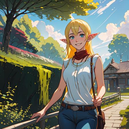 (tuka_luna:1.2),upper_body,1girl,elf,elf_ears,solo,blonde_hair,very_long_hair,smiling,happy,blue_eyes,white_shirt,white_tank_top,bow,denim,jeans,pointy_ears,absurdres,hires eyes <dalcefo,dal,realistic, masterpiece,sfw, crystalline,sharp focus,hard edge, breathtaking, hyperrealism,max details,HDR,UHD,DTM,bloom,chromatic aberration, ambient occlusion,dim light, 8k, 4k, finely detailed face,victorian era style, detailed digital painting in the style of Mandy Jurgens,Rachel Walpole style,Malgorzata Kmiec style,wlop style,greg rutkowski style,Terada Katsuya style, Studio Ghibli style, trending on pixiv, aestheticism, anime, anime aesthetic, artstation hd)>, (highly detailed garden background with trees,clouds,sunrays), ,<lora:Tuka_Luna_Marceau_LoRa:0.8>