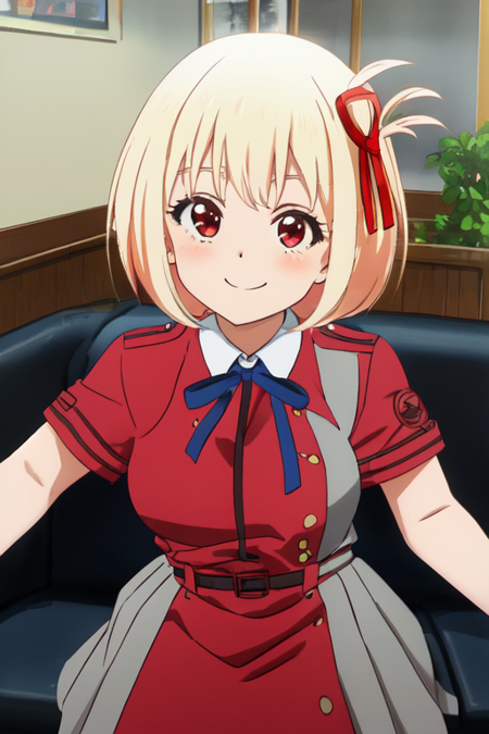 8K, chisato nishikigi (lycoris recoil), medium hair, blonde hair, red ribbon tied in a bow on the left side of her hair, lycoris uniform, red and grey long sleeve shirt, blue ribbon, red belt, red and grey skirt, black knee-high socks and brown loafers