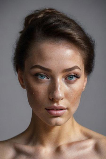 (masterpiece, best quality, (muscular female:1.1), 
A detailed portrait of a young woman exuding elegance and natural grace. She wears a voluminous updo hairstyle with wisps of hair tenderly framing her face. Her hazel eyes are accentuated by tasteful makeup, with a few light freckles across her nose and cheeks. She is wearing a black sweater and  provocative in her pose, The lighting should illuminate her face against a subdued background, emphasizing her calm and confident expression. High Fashion, dynamic, dramatic, elegant, supermodel, avant garde style, whole body