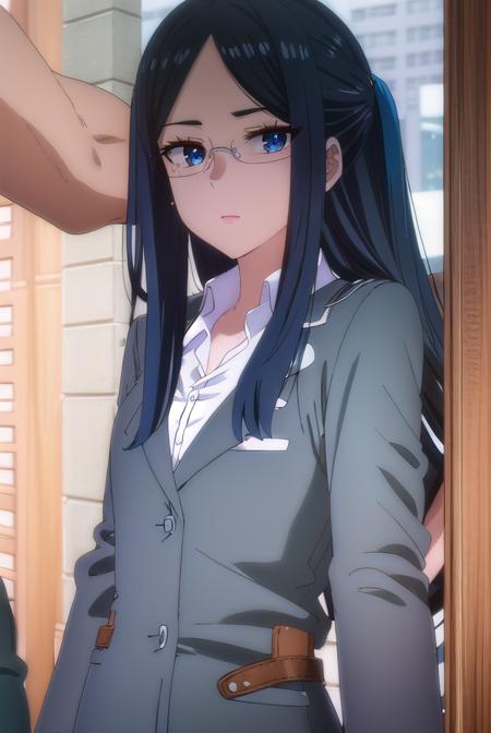 misakigundou, <lora:misaki gundou s1-lora-nochekaiser:1>,
misaki gundou, long hair, blue eyes, black hair, glasses, mole, mole under eye, lips, mature female, (parted bangs:1.5),
BREAK formal, suit, office lady,
BREAK indoors,
BREAK looking at viewer, (cowboy shot:1.5),
BREAK <lyco:GoodHands-beta2:1>, (masterpiece:1.2), best quality, high resolution, unity 8k wallpaper, (illustration:0.8), (beautiful detailed eyes:1.6), extremely detailed face, perfect lighting, extremely detailed CG, (perfect hands, perfect anatomy),