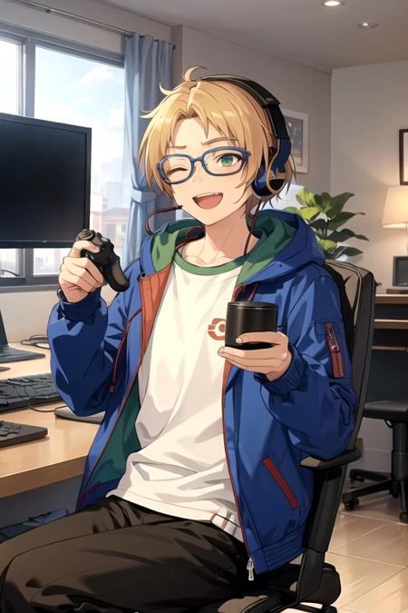 <lora:MakotoES-07:0.7>,makotoes, smile, open mouth, holding, sitting, jacket, one eye closed, glasses, indoors, hood, cup, hoodie, headphones, chair, microphone, mug, controller, monitor, game controller, keyboard (computer), holding game controller