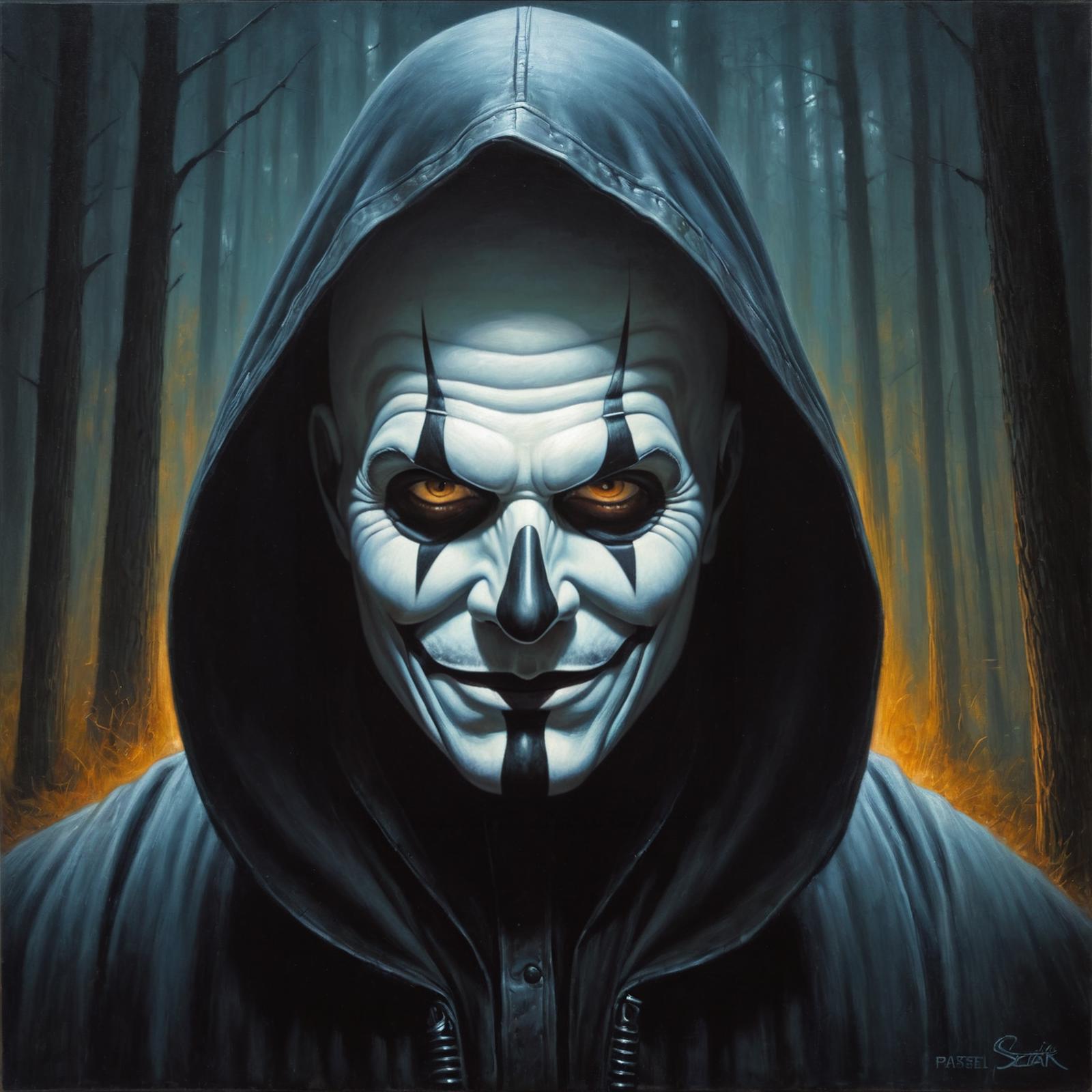 A painting of a creepy clown wearing a hooded cloak and makeup.