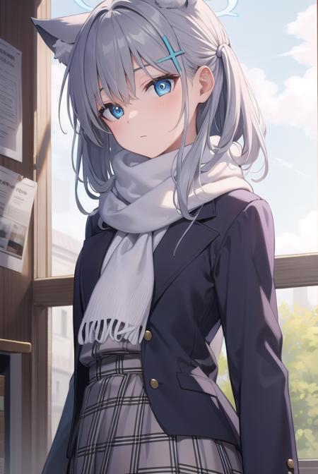 bluearchiveshiroko, <lyco:shiroko-lyco-nochekaiser:1>, 
shiroko, animal ears, blue eyes, grey hair, hair ornament, hairpin, halo, medium hair, wolf ears,
BREAK checkered clothes, checkered skirt, school uniform, skirt, scarf,
BREAK looking at viewer, 
BREAK indoors, classroom,
BREAK <lyco:GoodHands-beta2:1>, (masterpiece:1.2), best quality, high resolution, unity 8k wallpaper, (illustration:0.8), (beautiful detailed eyes:1.6), extremely detailed face, perfect lighting, extremely detailed CG, (perfect hands, perfect anatomy),