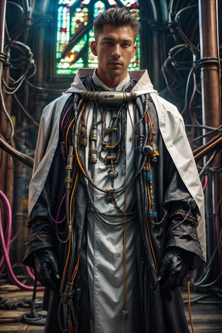 (realistic), (photorealistic), ((masterpiece)), ((best quality)), (detailed), cinematic, natural lighting, soft shadow, detailed background, photography, depth of field, intricate, detailed face, subsurface scattering, realistic eyes, muscular, manly, photo of a handsome (japanese man), chem4rmor, wearing chempunk priest robe, tubes, cables, wires, colorful liquid, colorful armor, canister, cross, tabard, church,