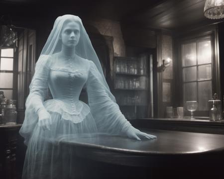 a photo of a transparent translucent ghost lady sitting in the bar, romantic era, 18th century <lora:Aether_Ghost_v1_LoRA:0.5> see-through