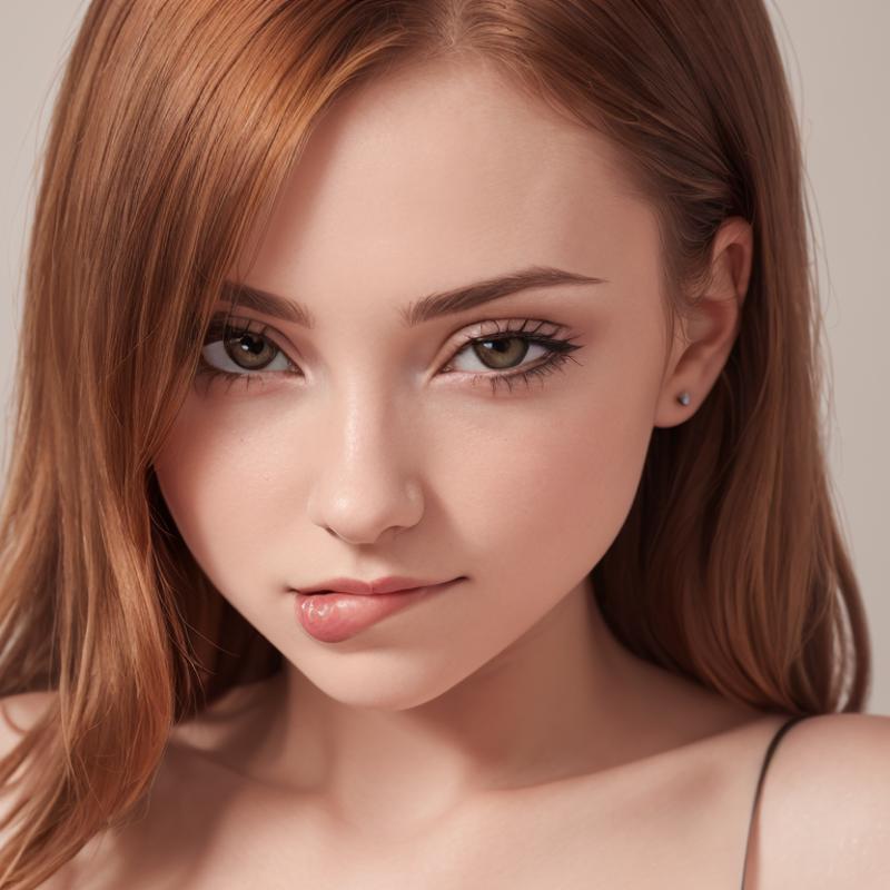 A beautiful young woman with red hair and brown eyes, wearing a black top.