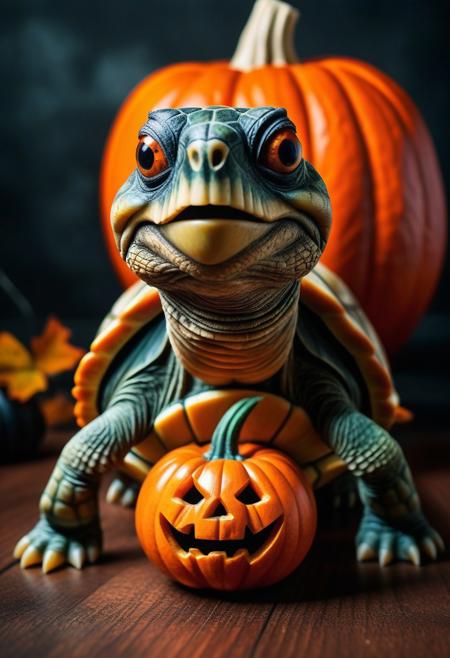 creepy turtle with a pumpkin for a shell, halloween vibes, low angle shot level with the turtle,