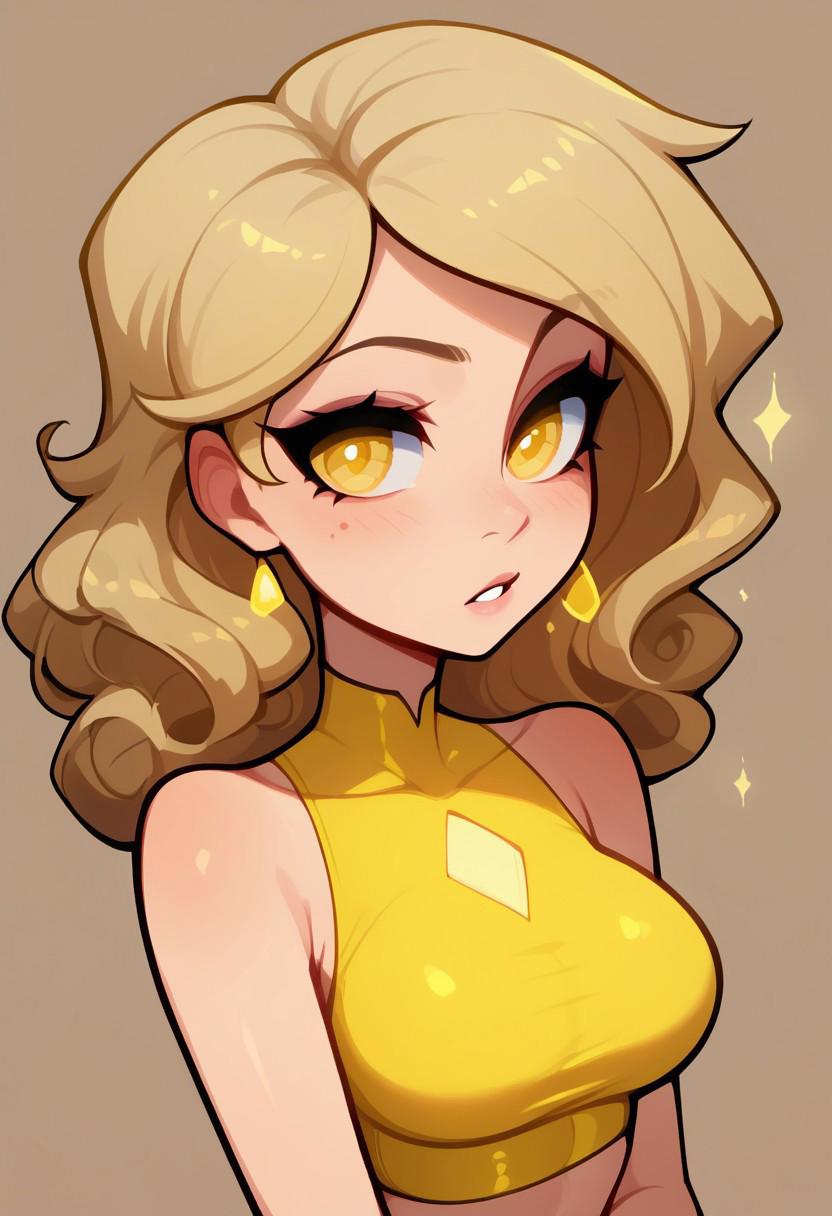 (8k resolution, score_9, score_8_up, score_7_up, absolute masterpiece, best quality, ultra detailed), upper body portrait of a seductive blonde woman with short wavy hair. (yellow eyes:1.3), standing with her shoulders pushed back, arching her back to emphasize her petite perky chest, arms down with her hands resting on her slim waist. Large hips. She wears a tight, glossy yellow outfit with exposed shoulders and a low neckline, revealing her petite and perky breasts. Behind her, a stormy sky rumbles with dark clouds and flashes of lightning, casting dramatic lighting that highlights the shine of her outfit. Her expression is alluring, her posture exuding confidence, as the energy of the storm crackles around her.