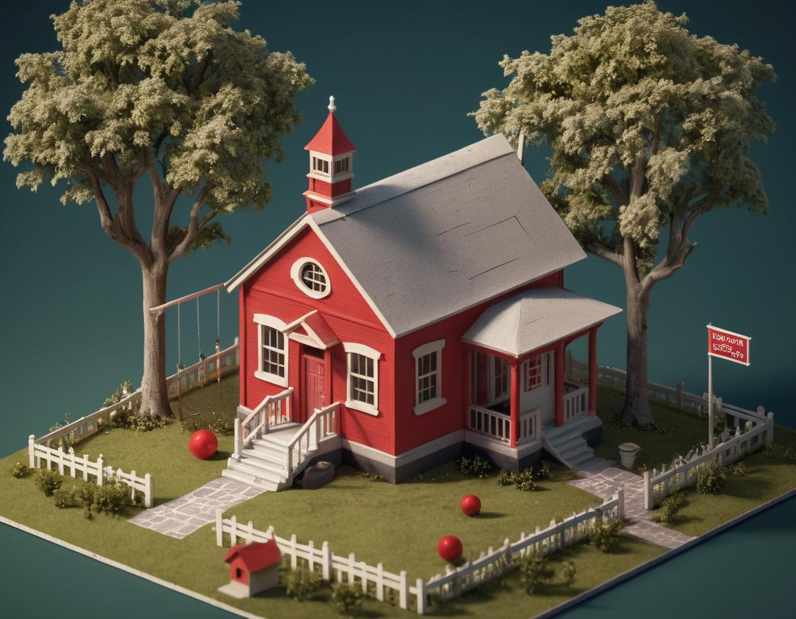 a 3d render of a miniature old one room schoolhouse, red, exterior, tree, swing, isometric, tiny world, smart, cinematic, dramatic ambient light, epic, highly detailed, intricate, sharp focus, elegant, advanced, professional, great composition, dynamic, atmosphere, rich vivid colors, iconic, fantastic, perfect, symmetry, clear, aesthetic, very