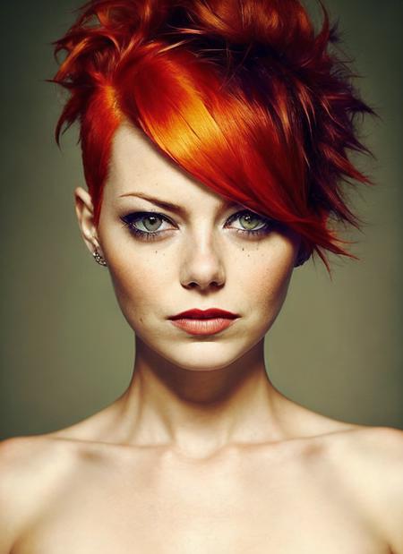 portrait of sks woman by Flora Borsi, style by Flora Borsi, bold, bright colours, orange Mohawk haircut, ((Flora Borsi)), <lora:locon_emmastone_v1_from_v1_64_32:1.4>