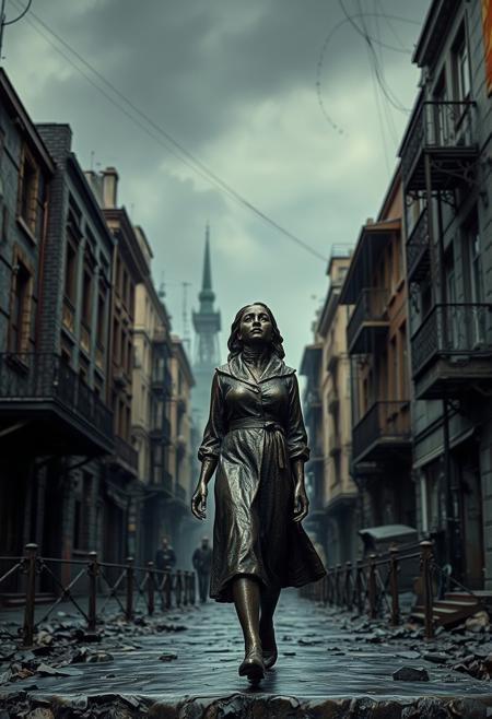 A cast bronze sculpture depicts a woman walking through a Soviet-impressionist urban landscape.  The eerie, creepy atmosphere is conveyed through dark tones and unsettling details, while the antique patina finish adds to the textured surfaces and nostalgic charm of the social realism style.