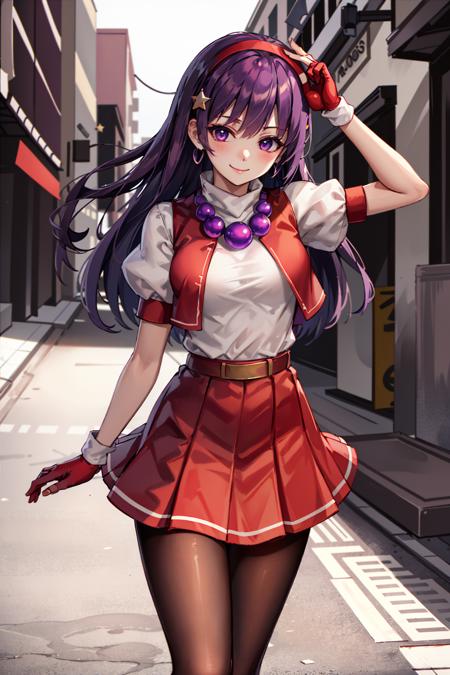 (masterpiece), (best quality), (ultra-detailed), intricate detail, athena97, 1girl, solo, purple eyes, purple hair, long hair, white earrings, red hairband, star hair ornament, medium breats, red vest, white turtleneck, white puffy sleeves, short sleeves, red pleated skirt, (deep red pantyhose:1.2), black pantyhose, yellow belt, purple sphere shape necklace, red fingerless gloves, white short socks, red shoes,   <lora:athena97e12:0.8>, 
(outdoors), photography, smile, blush, sunny, nsfw, cowboy shot, blurry background, street background,