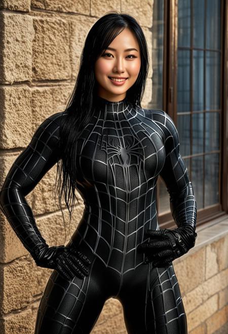 score_9, score_8_up, score_7_up, best quality, realistic, masterpiece, beautiful detail, hyperrealistic, cafe, ((1girl, woman body, huge breasts)), amazing detailed full body portrait of a beautiful japanese girl, wearing a realistic and highly detailed black raimi spider-man suit, ((huge muscular girl)), professional model wears ultra - detailed and grained black raimi spider - man suit, suit covered entire body and hand, spiderman gloves, wet, (happy pose), (leg close up), light smile, black hair, octane render, highly detailed, volumetric, dramatic lighting, (highest quality:1.1), (HDR:1.3), (top quality, best quality), realistic, high definition, Expressionism - sharp focus, professional photography, masterpiece, ultra detailed photograph, high quality, 8k,