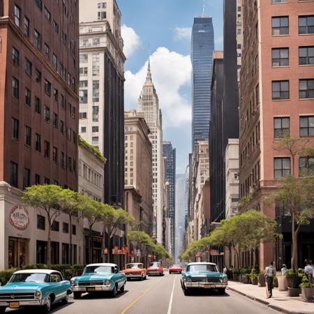 a 60s city street filled with lots of tall buildings, retro, a detailed matte painting by Richard Estes, featured on cgsociety, ashcan school, matte painting, matte drawing, cityscape