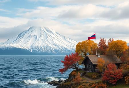 snow covered mountain ending in choppy sea, edge of land covered by fruit trees of various colors and a small brown cabin flying a red and blue flag.