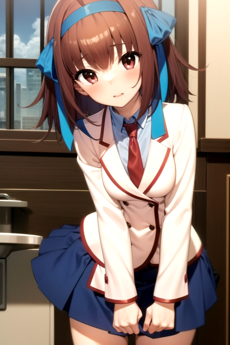 masterpiece, best quality, 1girl, takanashisora, blush, brown hair, ahoge, blue hair ribbon, hairband, red necktie, school uniform, looking at viewer <lora:TakanashiSoraV2:1>