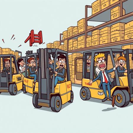 A humorous illustration of chaotic Forklift warehouse workers moving recklessly in different directions, looking disorganized and exaggeratedly clumsy. In the background, a terrified pedestrian flees with a comically exaggerated expression of fear.