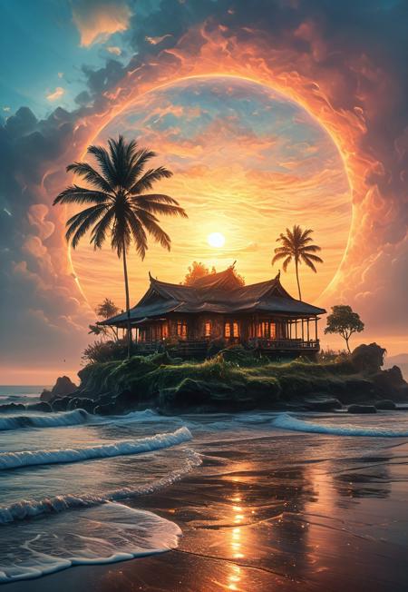 The sun has risen and is casting its light on the a wonderful Bali landscape, a picturesque ocean, at the beach there are a lots of Palm trees, at the beachside, there is a little old  cottage house, lovely fantasy, sunrise, romantic colors,   I return with the same fervor as before, my soul as joyful as ever, eager to serve you. Joy surrounds me from every corner. A rich and complex oil painting of sounds, a living tapestry woven from the hues and textures captured by a digital mirrorless camera. This melody creates an enchanting and haunting shot world full of intricate details that invite you to listen and discover, masterpiece, best quality, double exposure, realistic, whimsical, fantastic, splash art, intricate detailed, hyperdetailed, maximalist style, psychedelic, post-apocalyptic, photorealistic, concept art, sharp focus, harmony, serenity, tranquility, morning sky, surrounding clouds, mysterious glow, perfectly round sun,
ambient occlusion, halation, cozy ambient lighting, dynamic lighting, double exposure, mentixis, metix, linquivera, liiv1, award winning, BadDream, ais-lineart