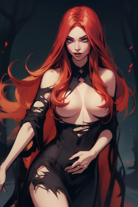 NevanDMC, torn black dress, hair covering her breasts