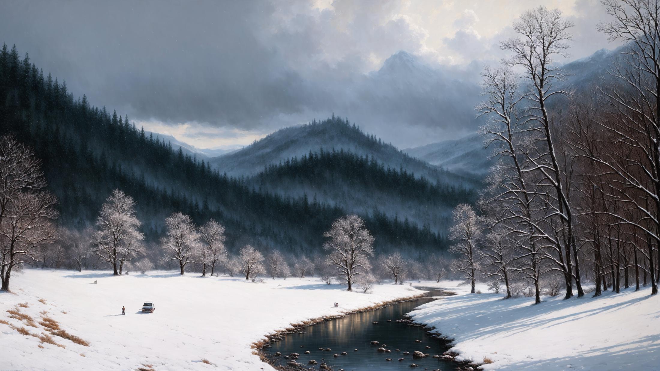 (extremely detailed CG unity 8k wallpaper), full shot photo of the most beautiful artwork of the countryside, snow falling...