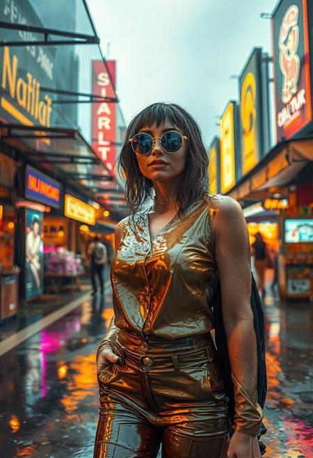 An open-air market under transparent canopies, rain droplets distorting reflections of holographic billboards. The woman’s leather pants glisten with moisture, her gold-buttoned top contrasting against wet pavement. Her sunglasses capture puddle reflections of neon signs. The background merges muddy yellow and stormy orange, accented by lightning flashes. Syd Mead’s rainy-city realism merges with Rolf Armstrong’s glossy glamour: raindrops clinging to her lashes, slick textures on her outfit, and a tilted umbrella beside her. Add realistic rain splashes and chromatic aberration effects.
Transparent canopies, puddle reflections, lightning flashes, slick textures, chromatic aberration.