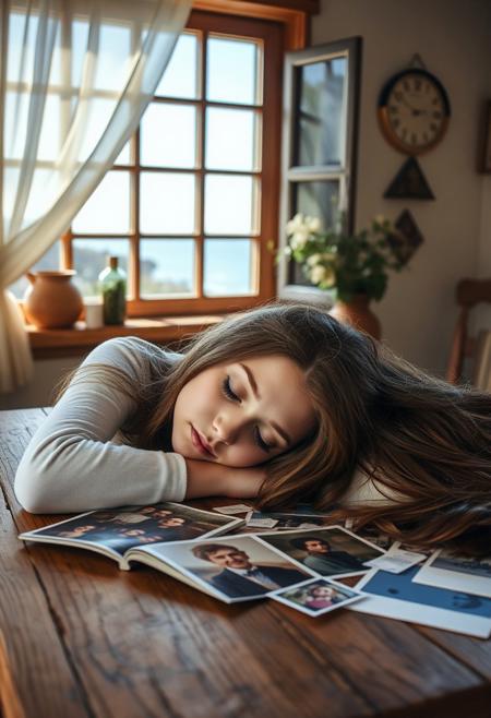 In a cosy rustic house with a window overlooking the coast, is an old oak table, filled with memories and love. The breeze blows the curtains gently, and the sunlight seems to trace its way carefully through the photos. A young woman sleeps resting her head on the table, her hair spread out on the table. (freckles on her nose, long hair, brown hair, expressive blue eyes, soft pale skin.)