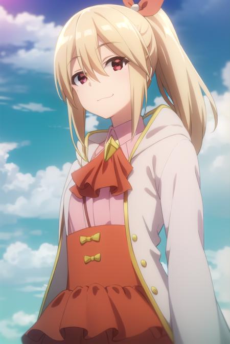 frederica, long hair, bangs, blonde hair, (red eyes:1.3), bow, hair between eyes, hair bow, ponytail, side ponytail, skirt, long sleeves, dress, jacket, open clothes, wide sleeves, coat, ascot, white jacket,