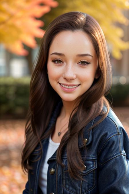 young woman <lora:r3my:1> in a jacket on an autumn day, (close up), leaves on the ground, RAW, 8K, UHD, warm cinematic lighting, (amateur, candid), highly detailed face, smiling:0.1, perfect day