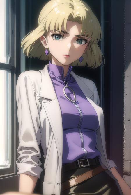 ritsukoakagi, <lora:ritsuko akagi rebuild-lora-nochekaiser:1>,
ritsuko akagi, short hair, blonde hair, mole, mole under eye, (parted bangs:1.5), (green eyes:1.5),
BREAK lipstick, skirt, jewelry, pantyhose, earrings, belt, pencil skirt, labcoat, shirt, purple shirt, turtleneck, zipper,
BREAK indoors, laboratory,
BREAK looking at viewer, (cowboy shot:1.5),
BREAK <lyco:GoodHands-beta2:1>, (masterpiece:1.2), best quality, high resolution, unity 8k wallpaper, (illustration:0.8), (beautiful detailed eyes:1.6), extremely detailed face, perfect lighting, extremely detailed CG, (perfect hands, perfect anatomy),