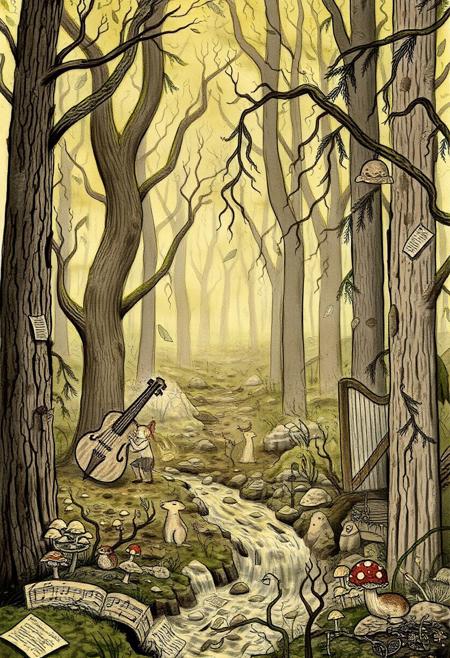 A surreal folk art scene showing a quiet forest where trees are shaped like violins, drums, and flutes — small forest creatures play music using the living instruments, mushrooms glow softly, vines are woven into harp strings, a brook flows like sheet music through the trees — stylized like a Nordic fairytale woodcut, mystical atmosphere, earthy color palette, delicate ink-style outlines