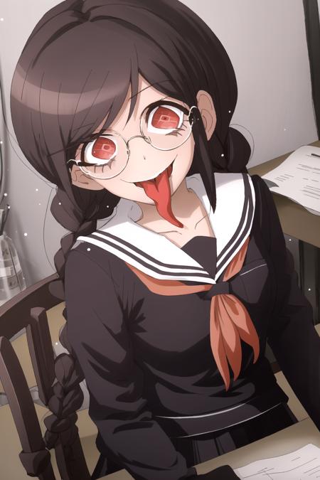 masterpiece, best quality, highres,<lora:GenocideJackDG:1>  , 1girl, solo, skirt, school uniform, neckerchief, pleated skirt, long sleeves, sailor collar, looking at viewer, black skirt, red neckerchief, black shirt, glasses, tongue out, close-up, bent over, arm support, desk,  <lora:TomuStyle:0.8>