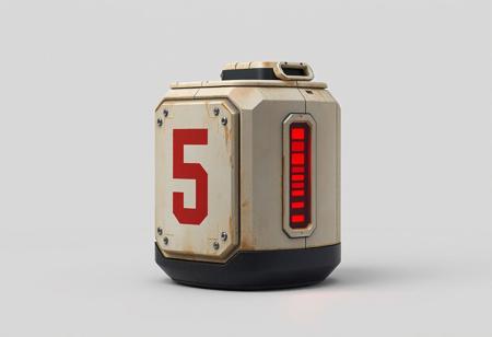 A single futuristic sci-fi storage capsule, cylindrical with a slightly tapered dark base and a weathered off-white metal body. A bold red number "5" is painted on the front. On the side, a long vertical red LCD indicator is embedded into the shell, softly glowing. The top of the capsule features a recessed socket-like shape, designed for modular stacking. Industrial wear, scratches, and dust add realism. The object is isolated on a neutral background, front view, concept art style, ultra-realistic lighting and textures, FLUX engine aesthetic.