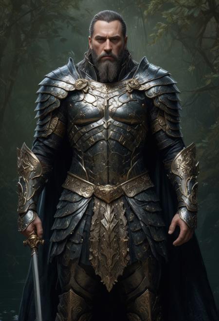 Symmetrical Front view of the warrior King of Water, dark, armour, standing pose, extremely long cape, top light, low saturation, highly detailed,  masterful painting in the style of Anders Zorn | Marco Mazzoni | Yuri Ivanovich, Jeff Simpson, oil on canvas
