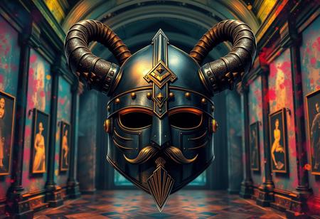 A breathtaking splash ink illustration in a fantasy style depicting a majestic medieval knight's helmet. Centrally positioned, the helmet is made of dark metal, crowned by two massive, curved horns reaching towards an unseen sky. The human-like faceplate, complete with a detailed mustache and goatee, is rendered with expressive brush strokes, suggesting ancient power. Opulent gold accents adorn the metalwork, shimmering with a radiant, multi-colored glow. The background is a stylized, almost dreamlike museum space, rendered with vibrant, multi-colored splash ink textures that draw attention to the helmet. Sharp lines and energetic brush strokes define the forms. The overall mood is one of awe and ancient mystique. Exceptional Quality, High-res, 4K, More Detail, Lifelike Details, Super Detailed Face and Eyes, Handcrafted with Precision, High Quality, Sharp Lines and Brush Strokes, Stunning Colors, Harmonious Colors, Multi Colored, Contemporary Aesthetics, Beautiful Matte Painting, Impeccable Composition, Creative Angle, Attractive Background, Balanced Editing, Intentional Focus, Well-timed Moment, Isometric, Dynamic Action Pose (implied display), Captivating Lighting, Grammer Effect Style, Splash Ink Illustration, CGSociety, Artstation Trending on ArtstationHQ, Golden Ratio, Vivid Emotions, Joyful Impact, Powerful Message, Beautiful Detailed Eyes.