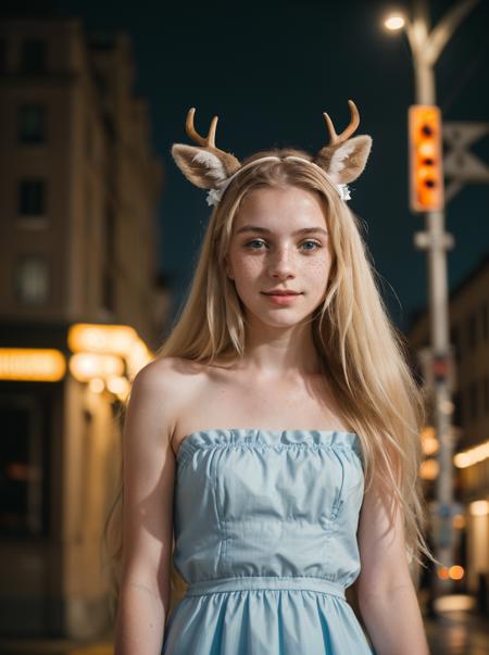 (medium photograph of a 20 year old woman wearing a dress and deer ears on her head standing on a city street:1.2), long blonde hair, pale skin, freckles, blue eyes, detailed skin, innocent smile, neon shop signs glowing, headlights, traffic lights and streetlights in the background, cloudy and overcast day, rainy, wet, surreal, moody, Porta 160 color, shot on ARRI ALEXA 65, (bokeh:1.1), sharp focus on subject, shallow depth of field, subject separation, shot by Don McCullin, Fujifilm XT-3, <lora:picxer_real:0.8>
