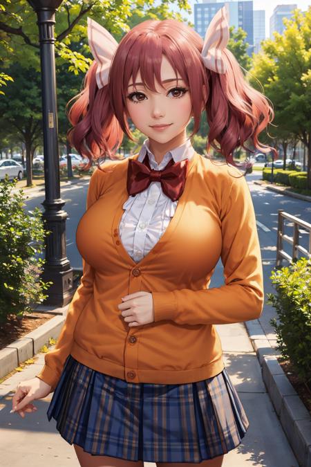 masterpiece, best quality, <lora:momochimyu-nvwls-v1-000009:0.8> momochi myu, hair bow, orange cardigan, bowtie, plaid skirt, looking at viewer, large breasts, smile, cowboy shot, smile, park, trees, city