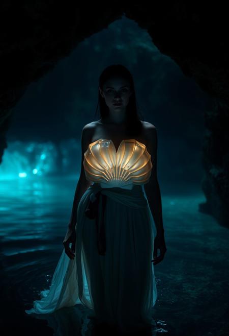 A woman stands at the entrance of a dimly lit underwater cave, her body wrapped in a large, smooth shell breastplate that gleams with soft, pearlescent light. Below the breastplate, the textiles flow like water, trailing off into the gentle currents. The environment is quiet, with glowing blue algae softly illuminating the cave walls and the calm water surrounding her.