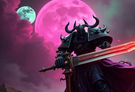 "Create a highly detailed, lifelike image of an epic Chaos Marine with a sword, inspired by the end times and the unholy abomination known as the Antipodeans. Utilize a dramatic pink and green lighting, with a giant black moon looming in the background. The Marine should be adorned in dark purple robes, fitting for an Instagram influencer. Ensure the image is HD quality and follows the golden ratio for optimal aesthetics. Perfect for a store website or display on ArtStation and CG Society."