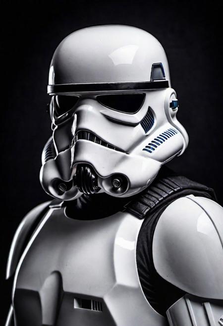 Close-up, (stormtrooper ), grim smile, relaxed pose, portrait movie shot, serious, menacing, chiaroscuro style photo, dark background, minimalism, dramatic lighting, professional quality, dull highlights and shadows, natural and  original,