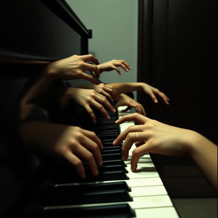 Piano. A number of arms are extending from the piano. Those arms are touching the keys. Horror.
