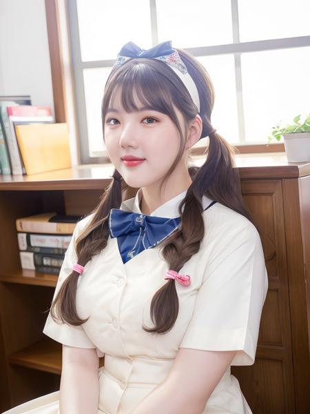 yerin in korean school uniform, pigtails hair, hair bangs, half body, smiling, flower headband, sitting

, hyper realistic lifelike texture dramatic lighting unrealengine trending on artstation,award winning photo,nikon RAW photo,8 k,Fujifilm XT3,masterpiece, best quality, realistic, photorealistic,ultra detailed,extremely detailed face,

 <lora:yerin-sd1.5-n30-e555-v1-000001:0.8>