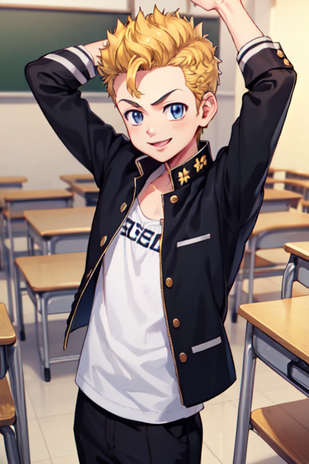 1boy,solo,male focus,takemichi,blonde hair,short hair,blue eyes,shirt,smile,cowboy shot,pants,background classroom,gakuran,(arms down),