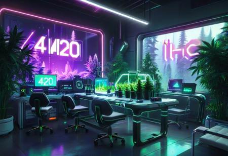 masterpiece,high quality,
420futurism,    <lora:420FuturismXL:0.8>
,lab, no humans, scenery, plant, chair, monitor, indoors, table, computer, tree, window, "420" text,futuristic,cyberpunk.neon light
