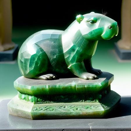 <lora:EmeraldMorph:1>, emeraldmorph, <lora:capybara:0.75>, An emerald idol in the shape of a capybara, regal pose, on a carved stone alter in a South American temple,