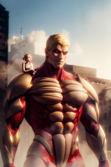 <lora:AttackTitan-10:0.8>, Armored titan, muscular, giant, size ratio, short hair, blonde, building, teeth, wood armor on body, wood armor on face, light in eyes, steam and smoke, head to knees, red muscles , ((girl standing on shoulder))