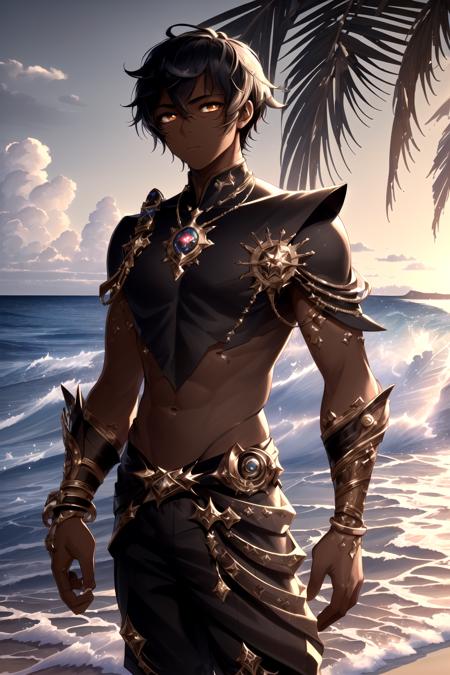 ((ultra detailed, masterpiece, absurdres)), 1boy, solo, black hair, brown eyes, dark skin, standing at the beach, palm trees, ocean, waves, sundown, cinematic lighting <lora:ral-dreamguardian-sd15:1> ral-dreamguardian