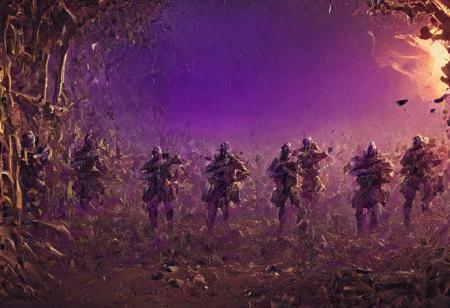 A group of elite mercenary warriors equipped with the latest weaponry and advanced technology, dressed in sleek, modern armor, ready for combat. They represent a diverse range of specialties including (((three riflemans, one medic, one machine gunner, one sniper, one battle mage, and one engineer.))) They stand together in a dynamic composition, each figure poised in a distinctive action pose, with a colorful, detailed background that complements their advanced equipment. Masterpiece, high quality, colorful background, different poses, different armor, different weapons, action poses, 4k, grenade launcher, machine-gun, assault rifle, sniper rifle, purple colors